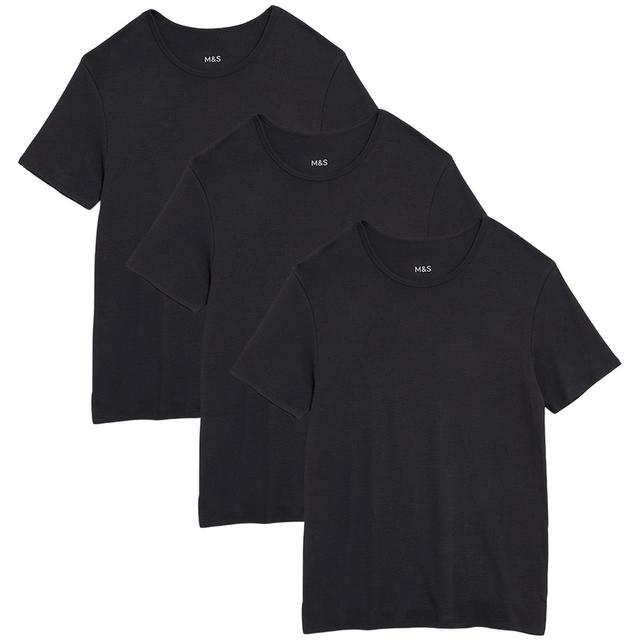 M&S Mens Pure Cotton T-Shirt Vests 3 Pack, Black | Ocado