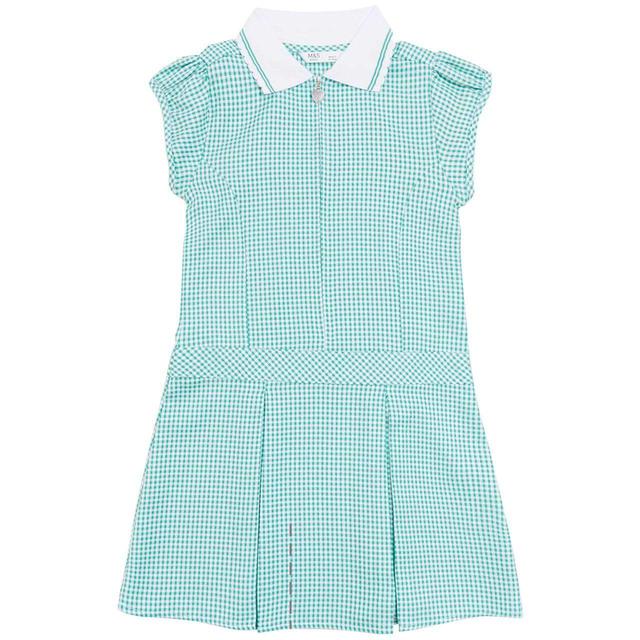 M & S Girls Gingham Pleated School Dress, 7-8 Years, Green