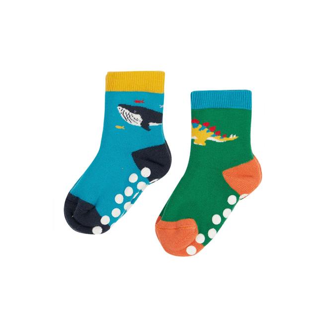 Frugi Blue, Green and White Cotton Pack of 2 Whale And Dino Print Grippy Socks, Size 0-6 Months