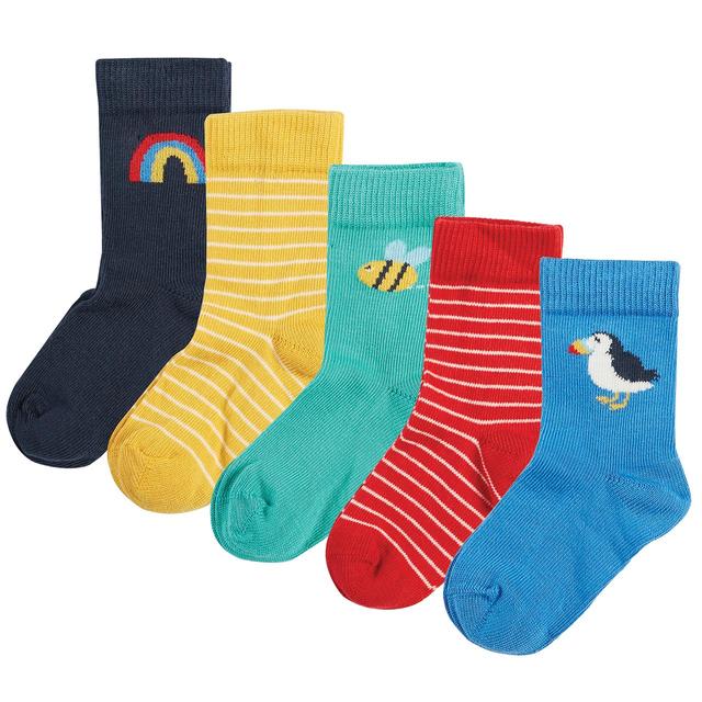 Frugi Yellow, Green and Red Cotton Finlay Rainbow Pack of 5 Socks, Size 0-6 Months