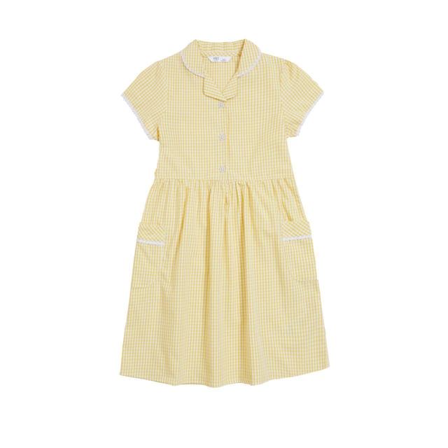 M & S Girls Pure Cotton Gingham School Dress, 8-9 Years, Yellow