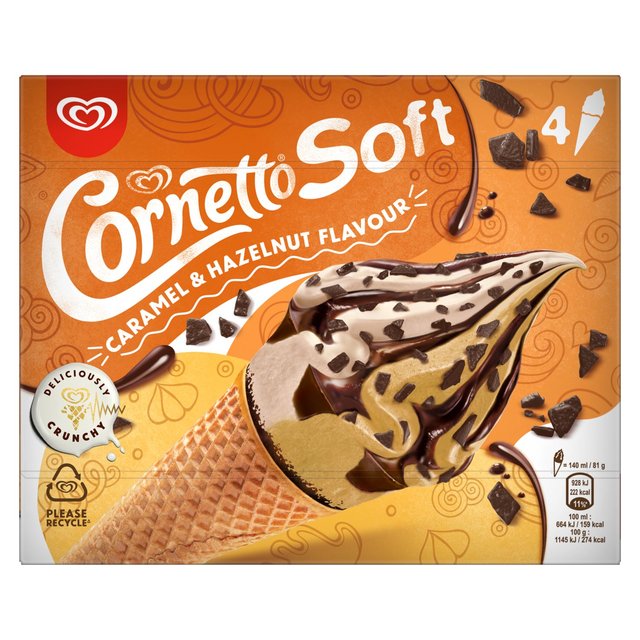 Cornetto Soft Caramel and Hazelnut Ice Cream Cones, 4 x 140ml