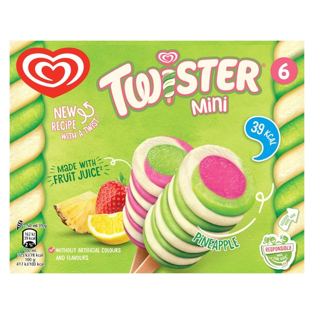Walls Twister Pineapple, Lemon-Lime, and Strawberry Mini Ice Cream Lollies, 6 x 50ml