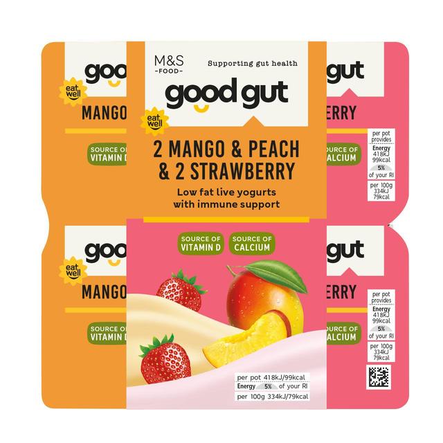M & S Gut Health Mango & Peach & Strawberry Yogurt, 4 x 125g
