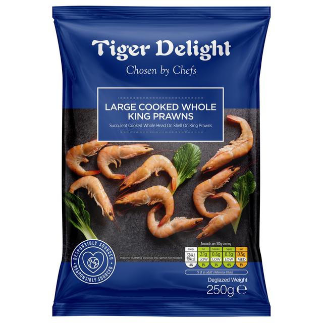 Tiger Delight Large Cooked Whole King Prawns, 250g