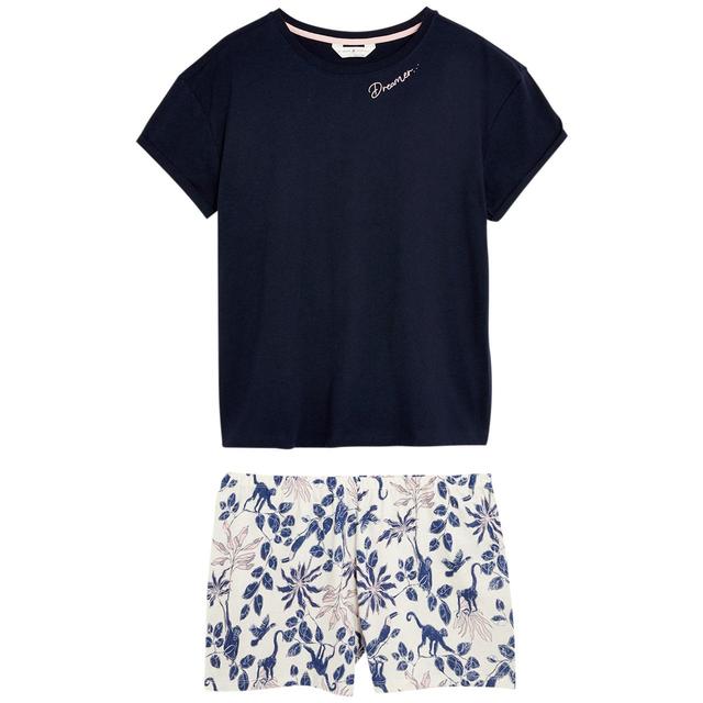 M & S Pure Cotton Floral Shortie Pyjama Set, M, Navy Mix