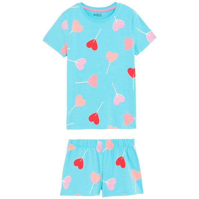 M & S Cotton Rich Heart Lolly Short Pyjama Set, 7-8 Years, Blue Mix