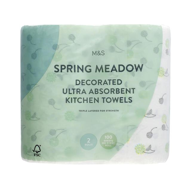 M & S White and Green Spring Meadow Ultra Absorbent Kitchen Towels, 2 Per Pack