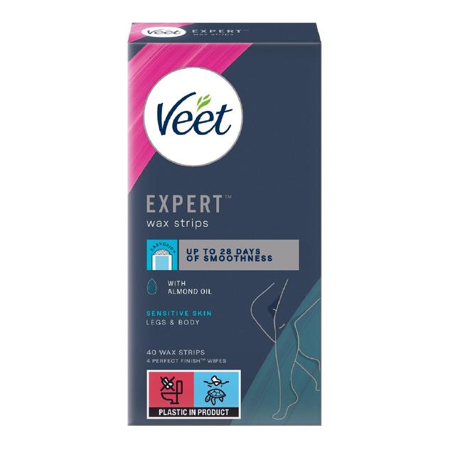 Veet Expert Wax Strips Legs Body Sensitive Hair Removal, 40 Per Pack