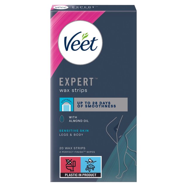 Veet Expert Wax Strips Legs Body Sensitive Hair Removal, 20 Per Pack