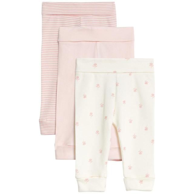 M & S Pure Cotton Striped & Floral Leggings, 3 Pack, 2-3 Years Coral Mix
