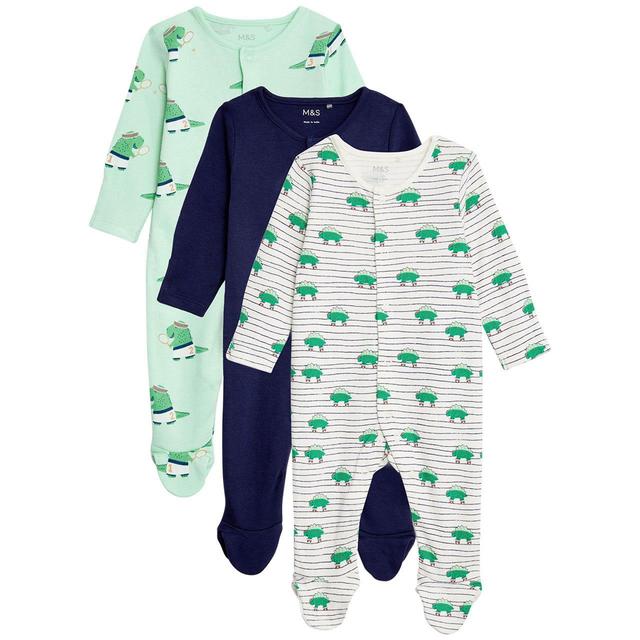 M & S Pure Cotton Dinosaur Sleepsuits, 3 Pack, Newborn, Green Mix
