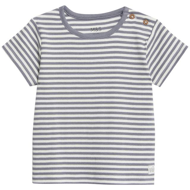 M & S Collection Cotton Rich Striped T-Shirt, 0-3 Months, Medium Grey