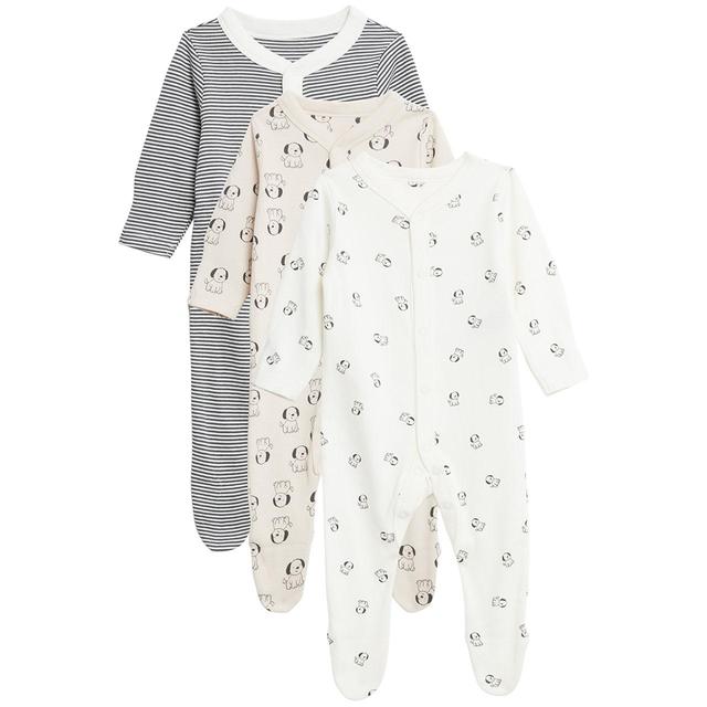 M & S Beige, White and Black Pure Cotton Pack of 3 Dog & Striped Sleepsuits, 9-12 Months