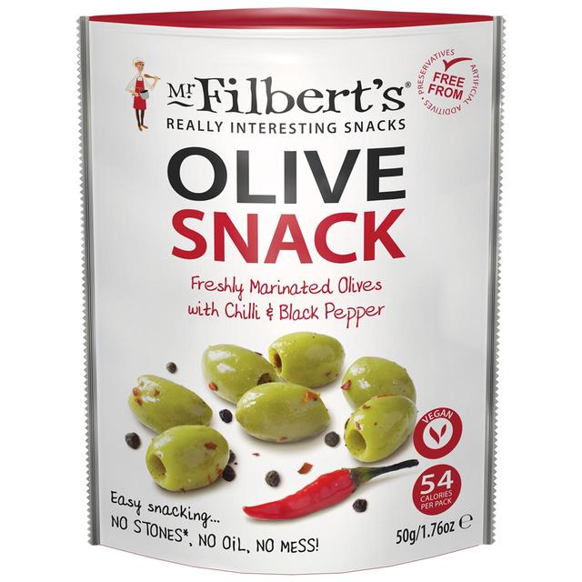Mr Filbert’s Olive Snacks Green Olives With Chilli & Black Pepper, 50g