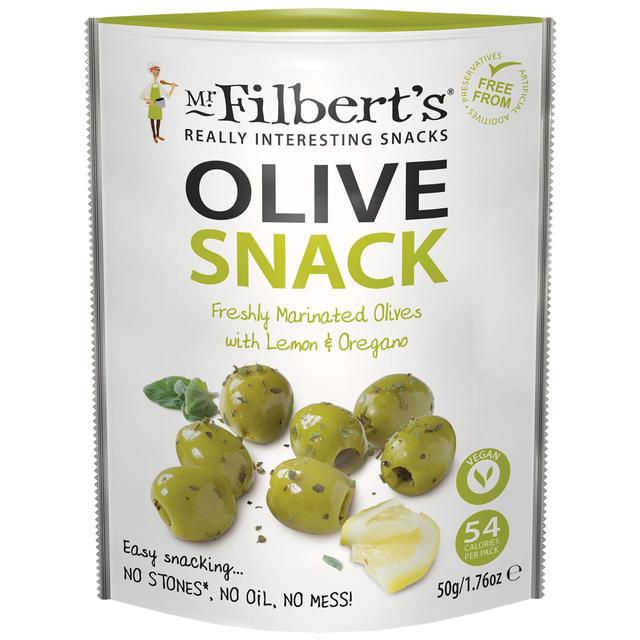 Mr Filbert’s Olive Snacks Green Olives With Lemon & Oregano, 50g