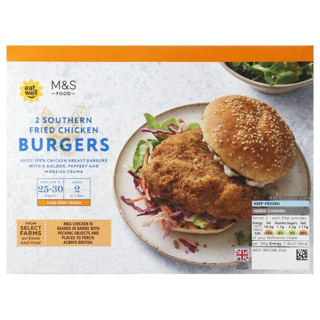 M & S 2 Southern Fried Chicken Burgers Frozen, 282g