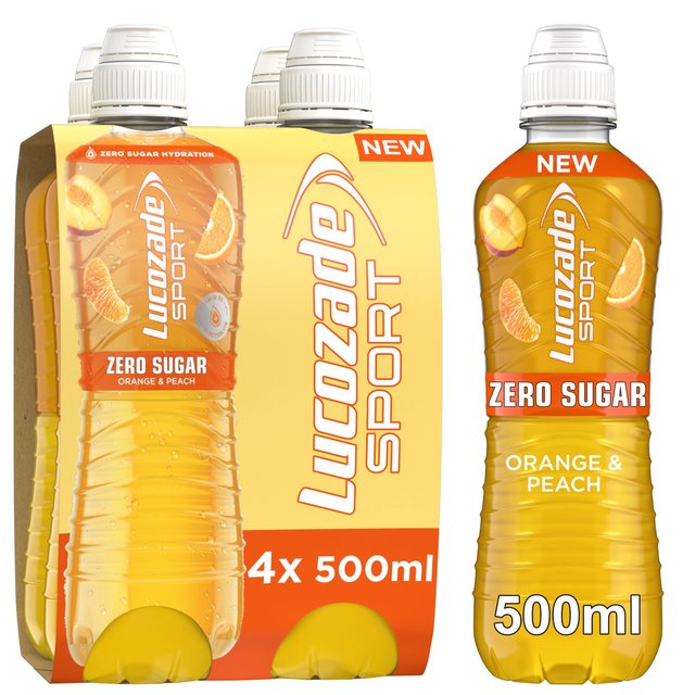 Lucozade Sport Drink Zero Sugar Orange & Peach, 4 x 500ml