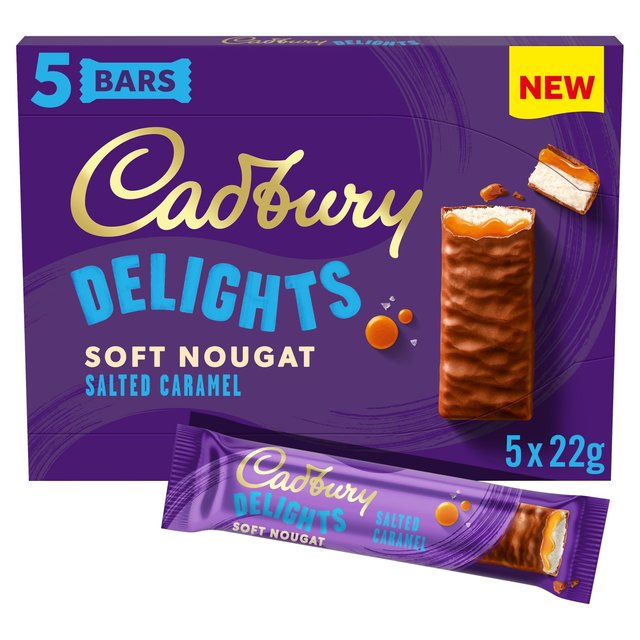 Cadbury Delights Soft Nougat Salted Caramel Chocolate Bars, 5 Per Pack