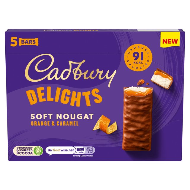 Cadbury Delights Soft Nougat Orange & Caramel Chocolate Bars, 5 Per Pack