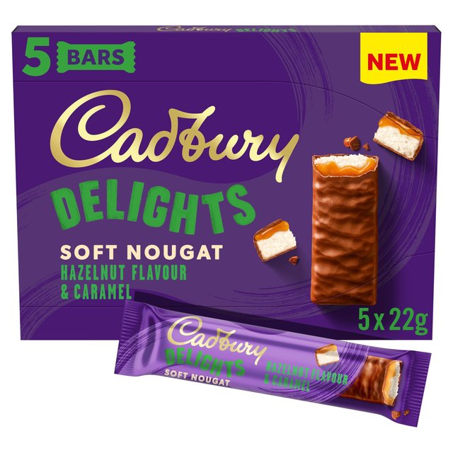 Cadbury Delights Soft Nougat Hazelnut & Caramel Chocolate Bars, 5 x 22g