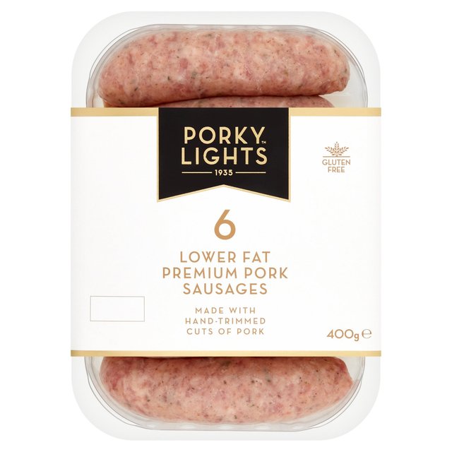 Porky Whites Porky Lights 6 Lower Fat Premium Pork Sausages, 400g