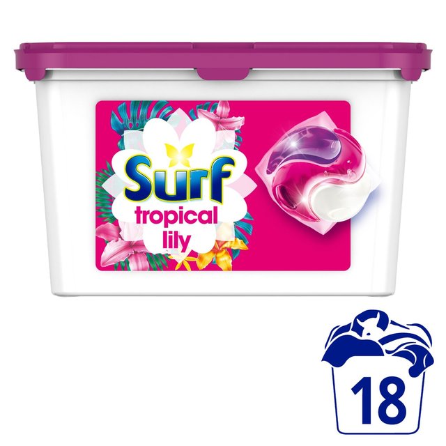 Surf Tropical Lily 3 in 1 Washing Liquid Capsules 18 Washes, 18 Per Pack