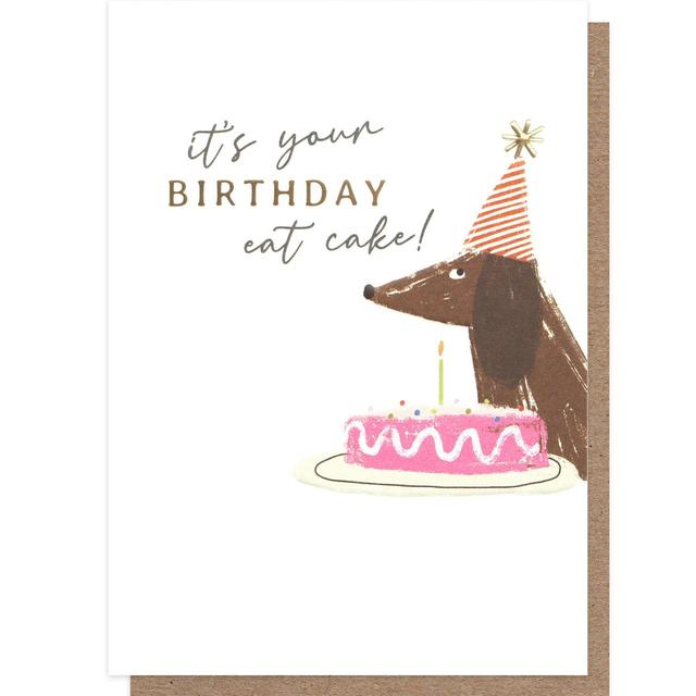 Caroline Gardner White, Brown and Pink IT’S Your Birthday Eat Cake Sausage Dog Greetings Card, 140x146mm