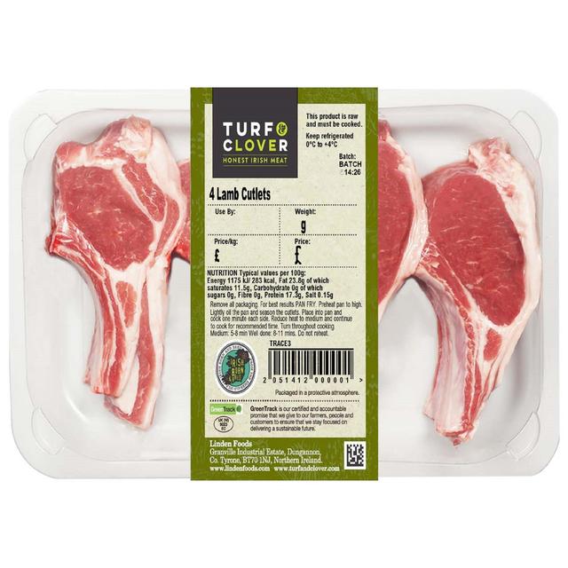 Turf & Clover 4 Lamb Cutlets, Typically: 390g