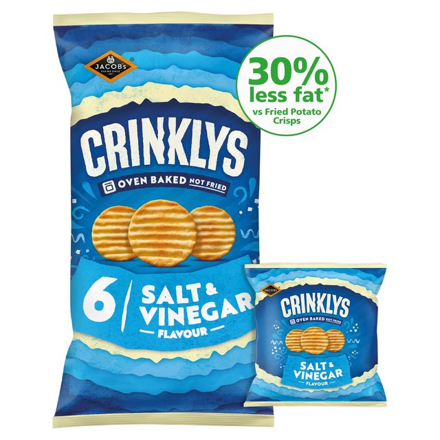 Jacob’s Jacobs Crinklys Salt & Vinegar 30% Less Fat Baked Snacks Multipack, 6x23g