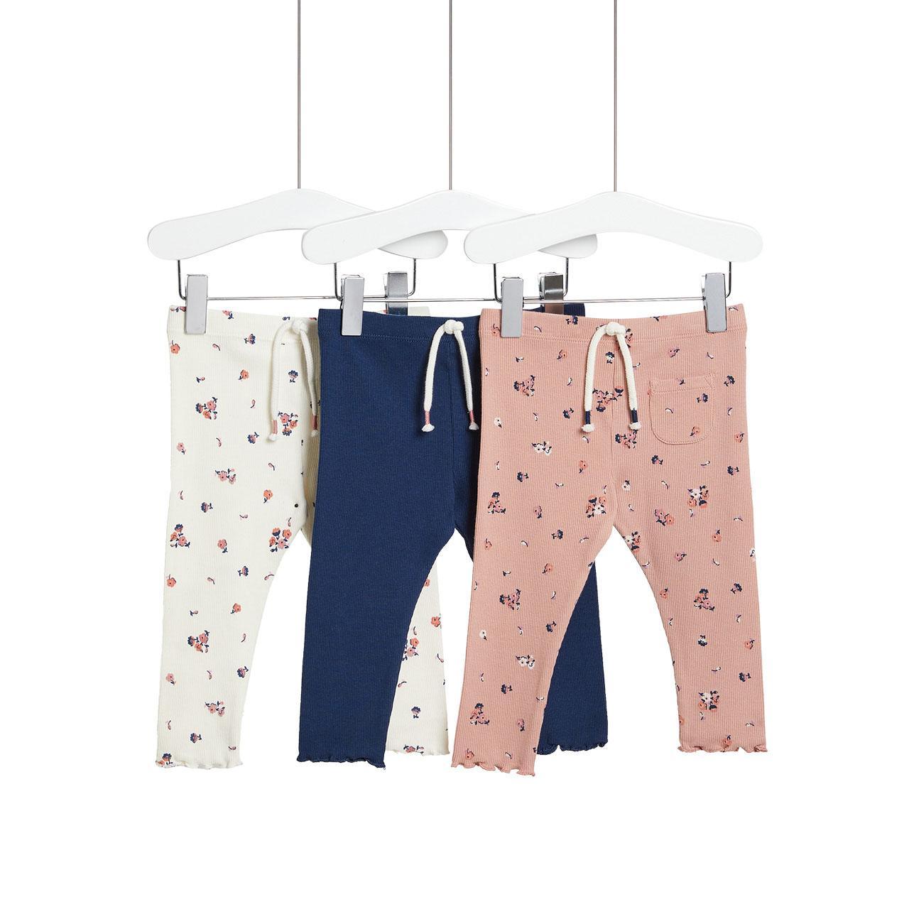 M&S Cotton Floral Draw Cord Leggings, 3 Pack, 12-18 Months -  HelloSupermarket