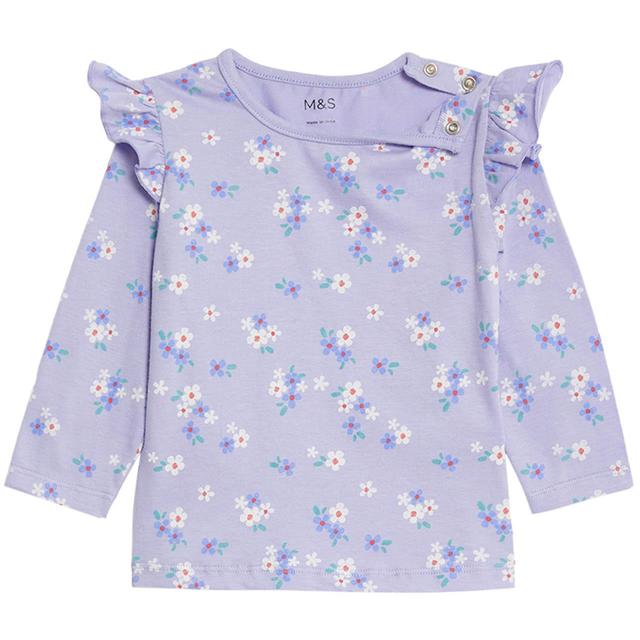 M & S Cotton Floral Long Sleeve Top, 2-3 Years, Purple