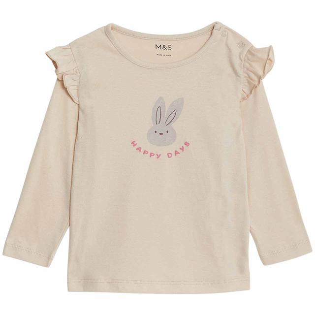 M & S Cotton Cream Bunny Frill Sleeve Top, 3-6 Months