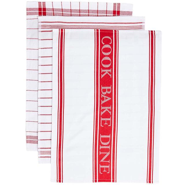 M & S Collection Set of 3 Cotton Rich Striped Tea Towels Red, 3 Per Pack