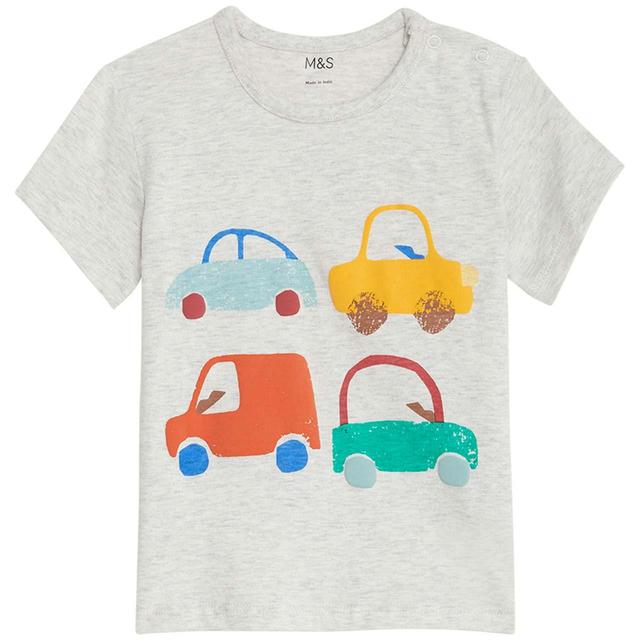 M & S Cotton Car Print T-Shirt, 12-18 Months, Grey Marl