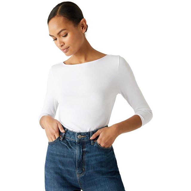 M&S Womens Cotton Rich Slim Fit 3/4 Sleeve T-Shirt, 8-18, White | Ocado