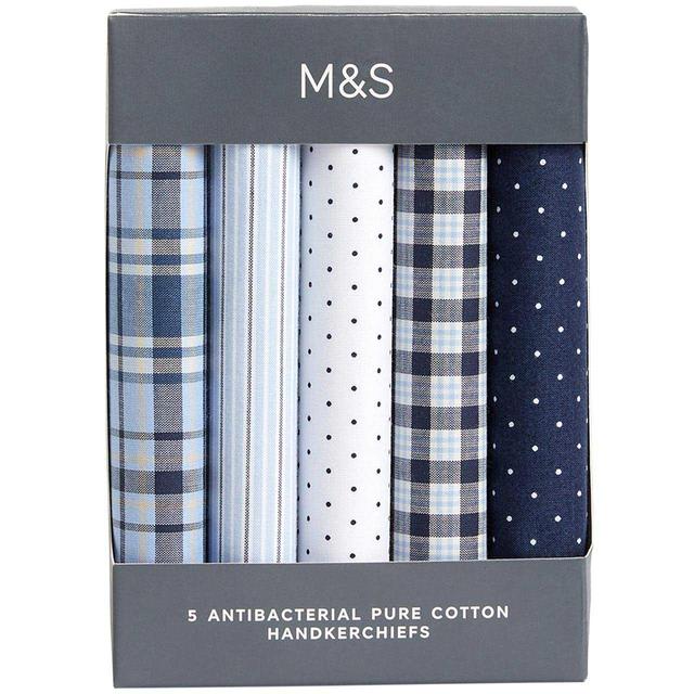M & S Mens 5pk Antibacterial Pure Cotton Handkerchiefs ’, One Size, Blue Mix