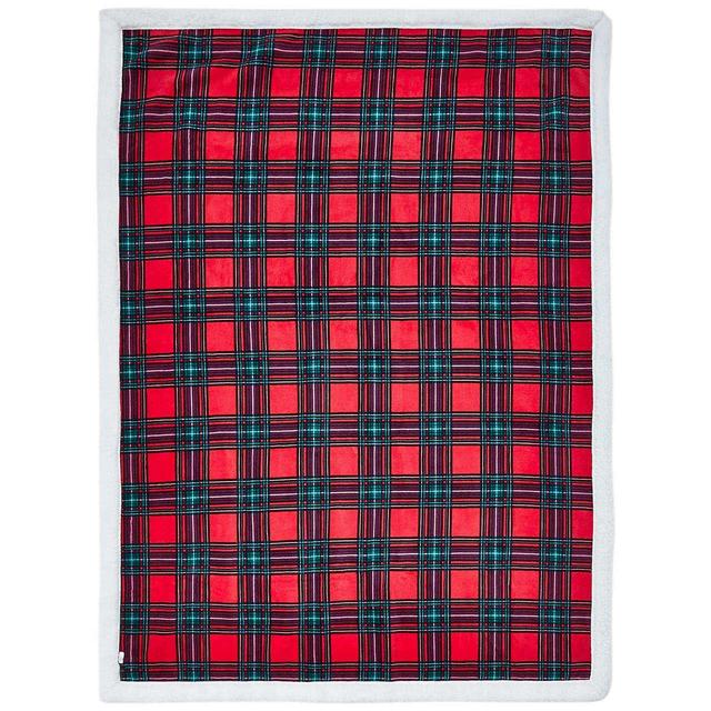 M & S Check Print Borg Fleece Blanket, Red, Medium