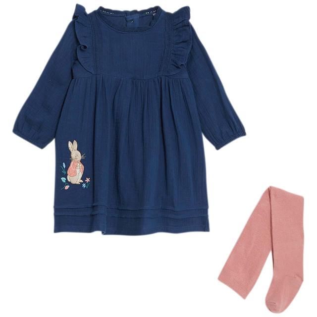 M & S 2pc Peter Rabbit Frill Dress/Tights Set ’12-18 Navy Mix