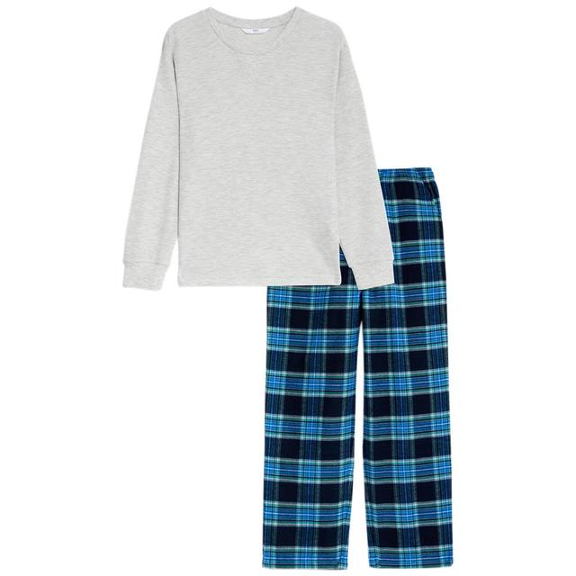 M & S Waffle and Woven Check PJ, 8-9 Years, Navy