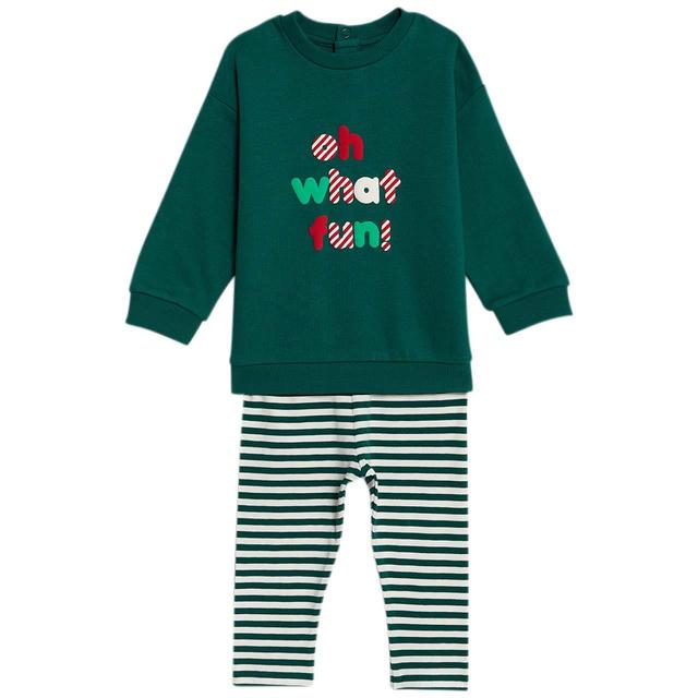 M & S Cotton Oh What Fun Slogan Outfit 0-3M Green