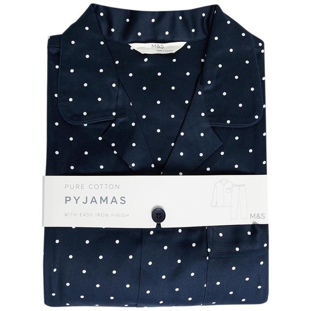 M & S Mens Pure Cotton Polka Dot Pyjama Set, S, Navy