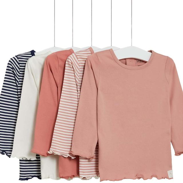 M & S Cotton Long Sleeve Pink Mix Tops, 5 Pack, 3-6 Months