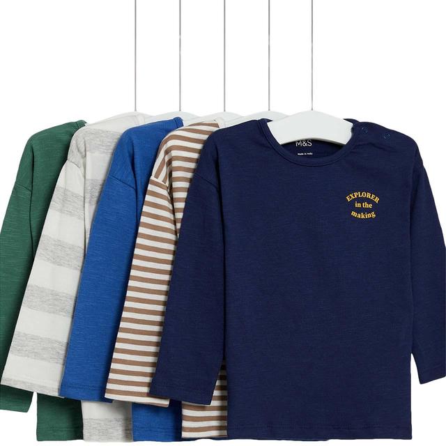 M & S Cotton Boys Long Sleeve Tops, 5 Pack, 6-9 Months, Navy