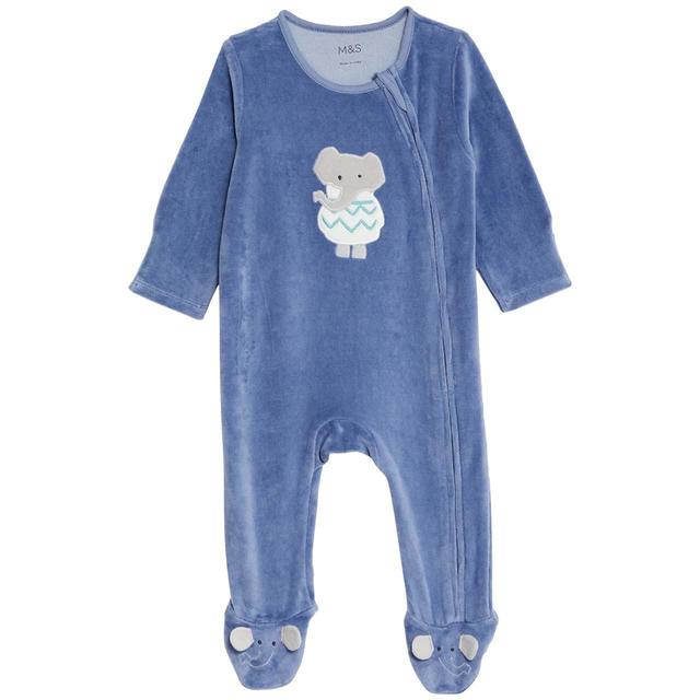 M & S Elephant Velour Sleepsuit, 3-6 Months, Blue