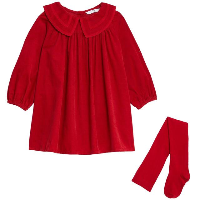 M & S Girls Cotton Rich Corduroy Dress Outfit, 3-4 Years, Red