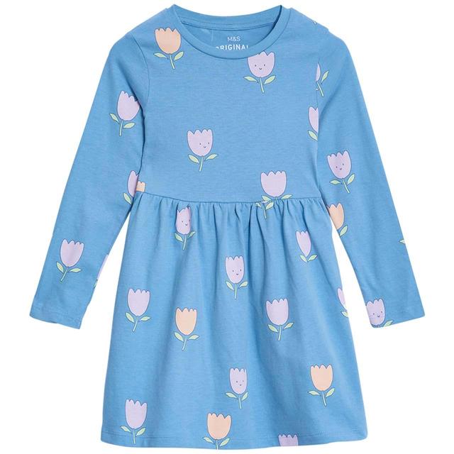 M & S Pure Cotton Floral Dress 2-3 Y Blue, 2-3 Years