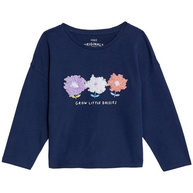 M & S Floral Sequin Tee, 6-7 Years, Navy