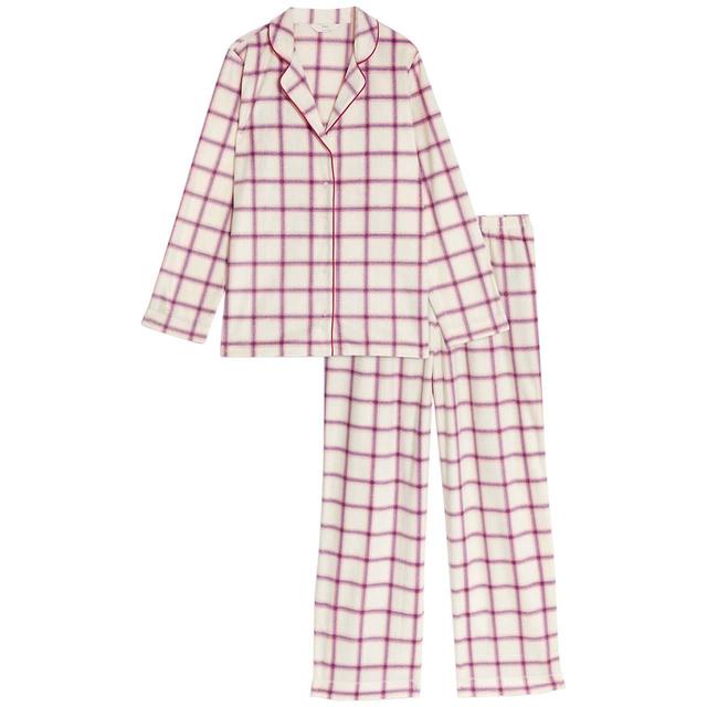 M & S Womens Fleece Checked Pyjama Set, Extra Large, Ivory