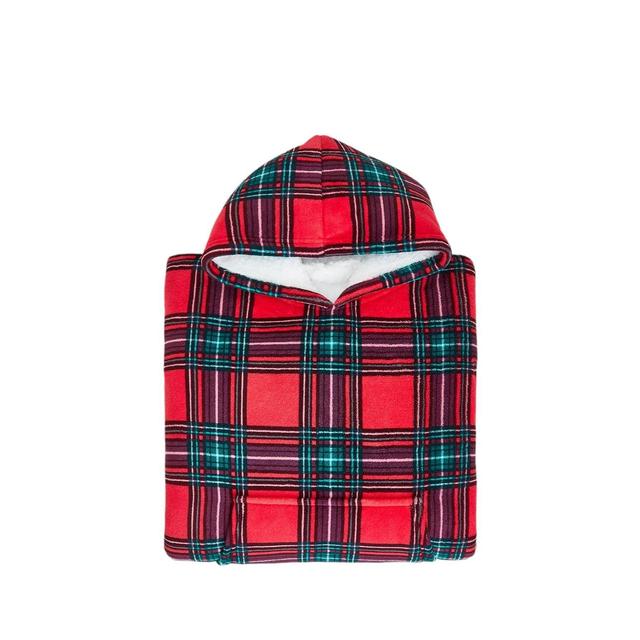 M & S Check Borg Fleece Hooded Blanket, MED Red Mix, One Size
